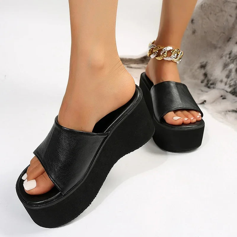 Rimocy Chunky Platform Sandals Women Fashion Black PU Leather Wedge Slippers for Woman 2025 Summer Thick Bottom Slides Plus Size