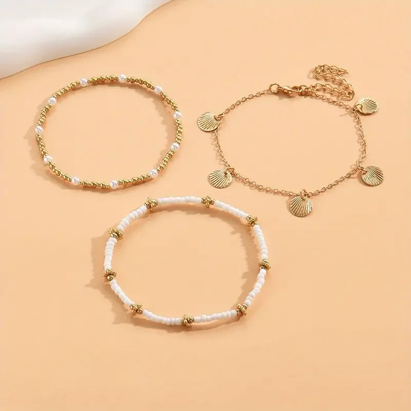 Bohemian Pearl & Shell Anklet Set - 3 Handmade Beach Bracelets for Women with Butterfly Charm
