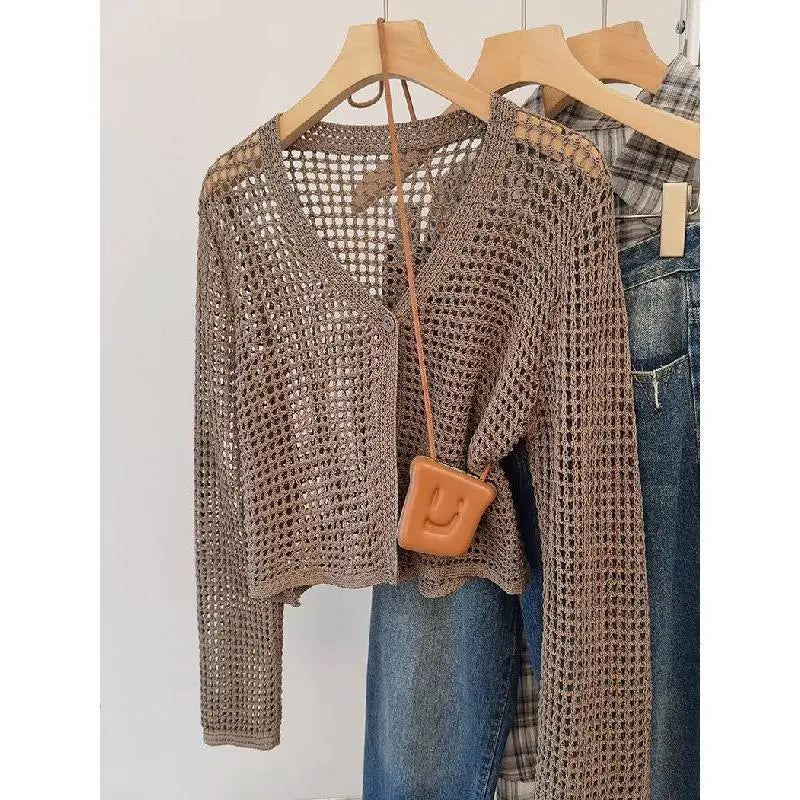 2024 Sun Protection Hollow Out Knitted Ins Cardigan Women's Summer Mesh Solid Thin Outer Wear Simple Short Chic Top