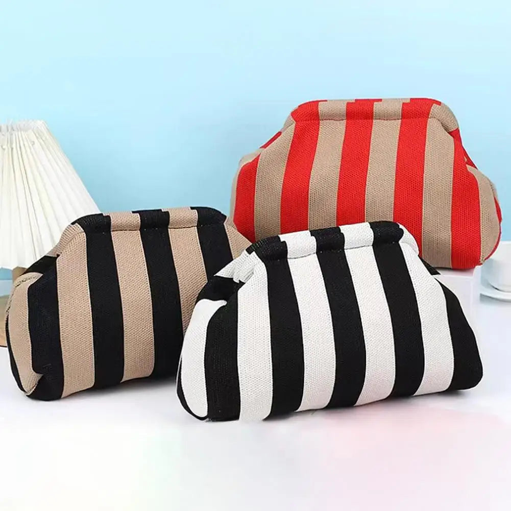 Women Handbag Colorblock Knitted Women Bag Large Mouth Cosmetic Cellphone Keys Stoarge Pouch Summer Beach Clutch Lady Purse