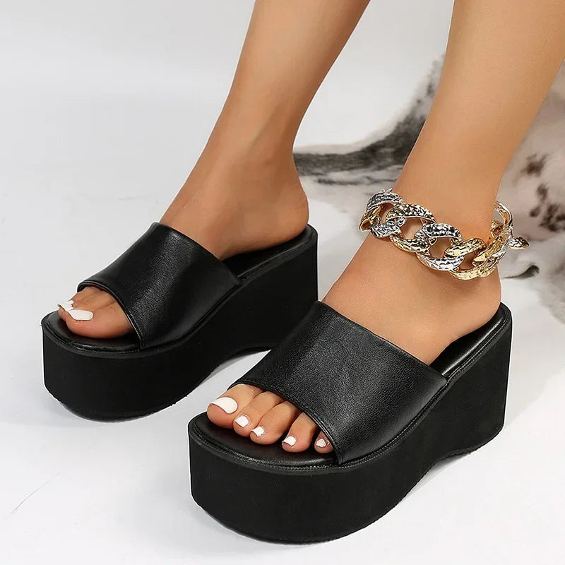 Rimocy Chunky Platform Sandals Women Fashion Black PU Leather Wedge Slippers for Woman 2025 Summer Thick Bottom Slides Plus Size