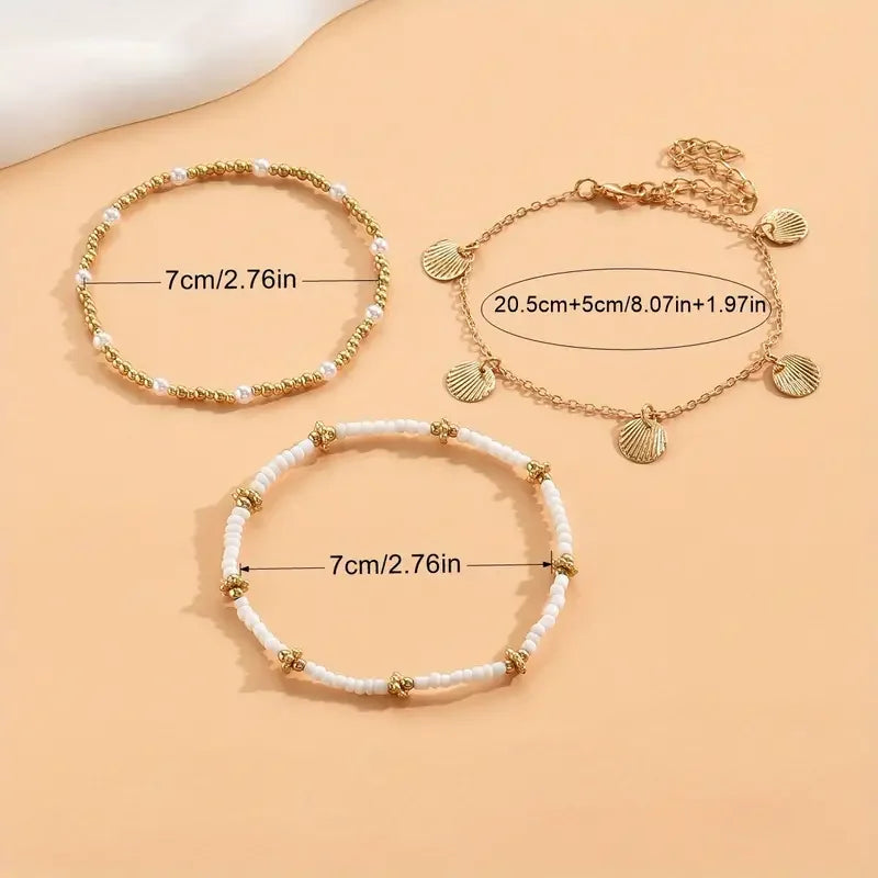 Bohemian Pearl & Shell Anklet Set - 3 Handmade Beach Bracelets for Women with Butterfly Charm
