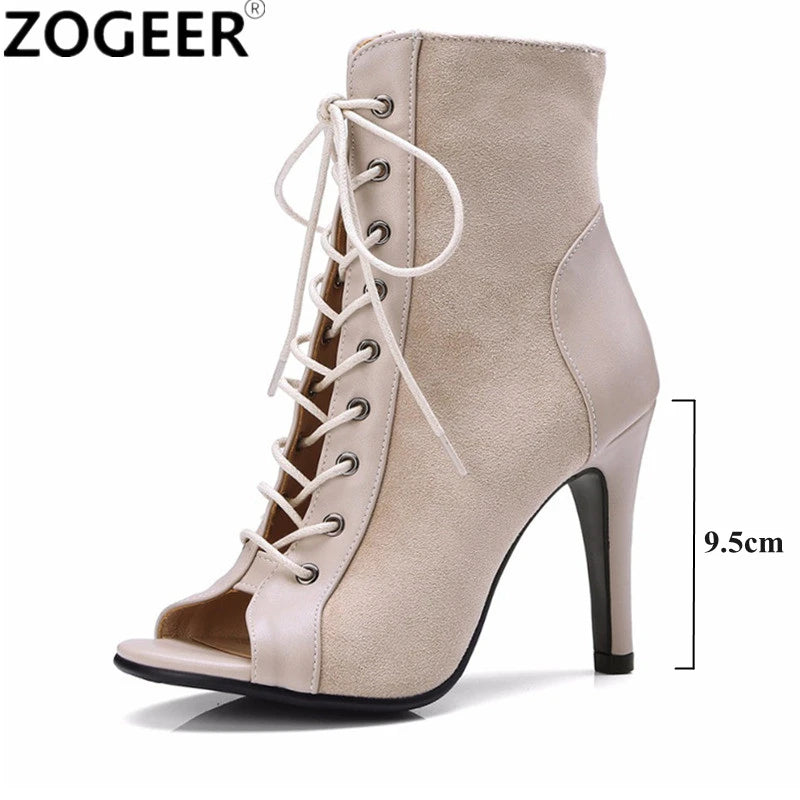 Black Summer High Heels Ankle Boots For Women 2025 Spring Peep Toe Lace Up Pumps Party Jazz Dance Shoes Suede Ladies Large Size