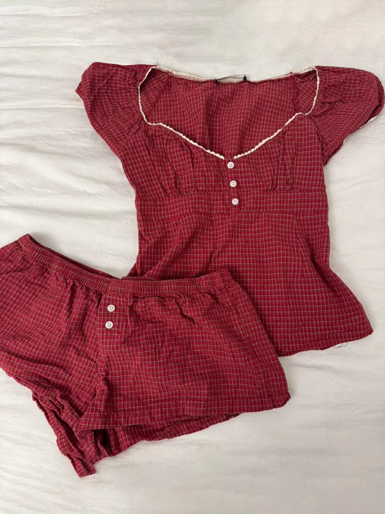 Red Plaid T-Shirt Shorts Set Women Summer Lace-up Puff Sleeve Blouse+Buttons Elastic Waist Short Pants Cotton Sweet 2 Piece Sets