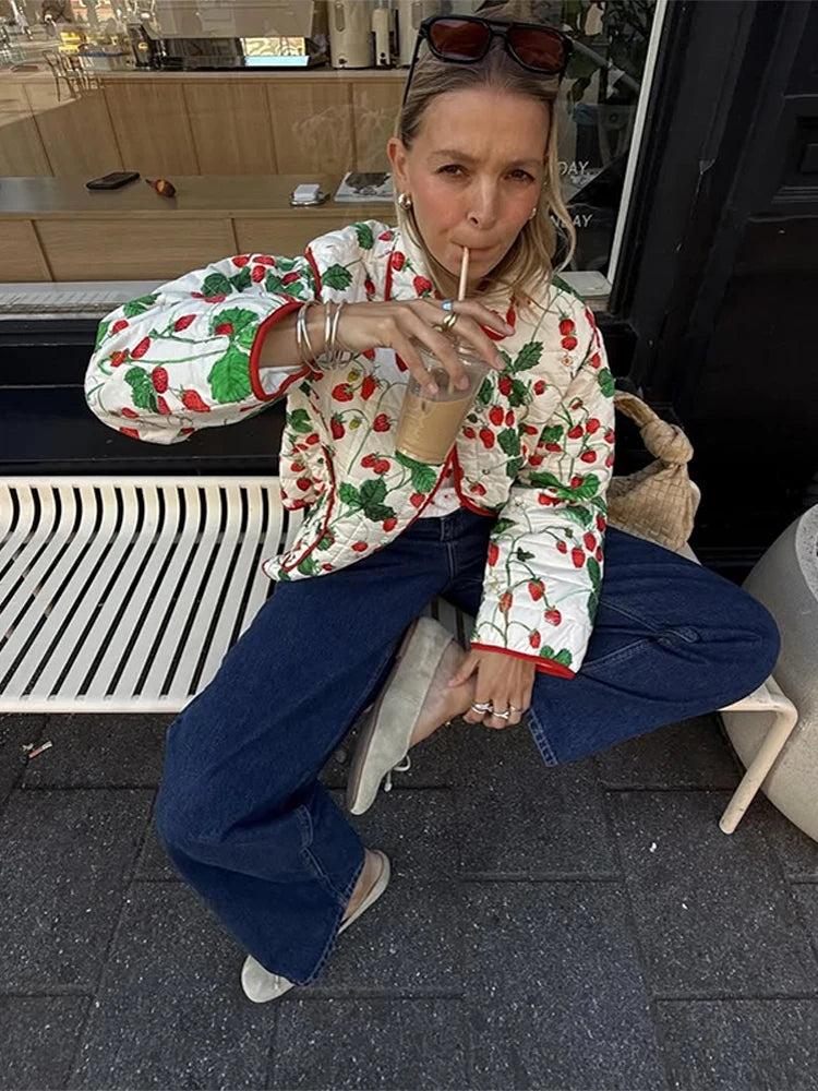 Women's Fashion Print Panelled Quilted Cotton Jacket Long Sleeve Pocket Cardigan Coat 2025 Autumn Winter Daily Casual Outerwear