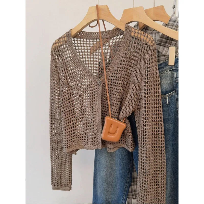 2024 Sun Protection Hollow Out Knitted Ins Cardigan Women's Summer Mesh Solid Thin Outer Wear Simple Short Chic Top