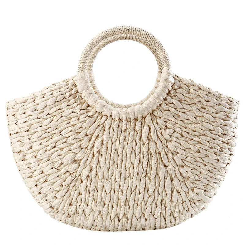 Simple All-Match Handbag Ladies 2024 New Handbags Women Round Bucket Straw Bag Korean Handmade Woven Basket Rattan Handbag