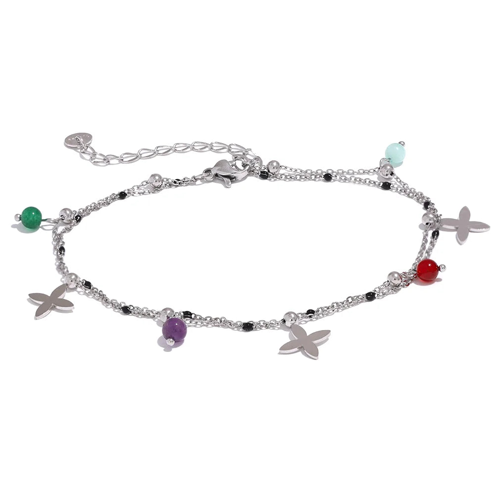Yhpup Flower Chain Anklet - Colorful Natural Stone Beads, Stainless Steel, Perfect for Beach Days & Summer Vibes