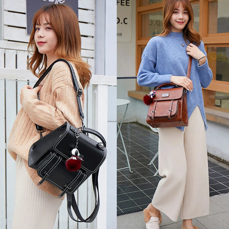 Vintage Women's Backpack 2025 New PU Leather Girls Shoulder Bag Multifunctional Large Capacity Crossbody Bags Student Backpacks