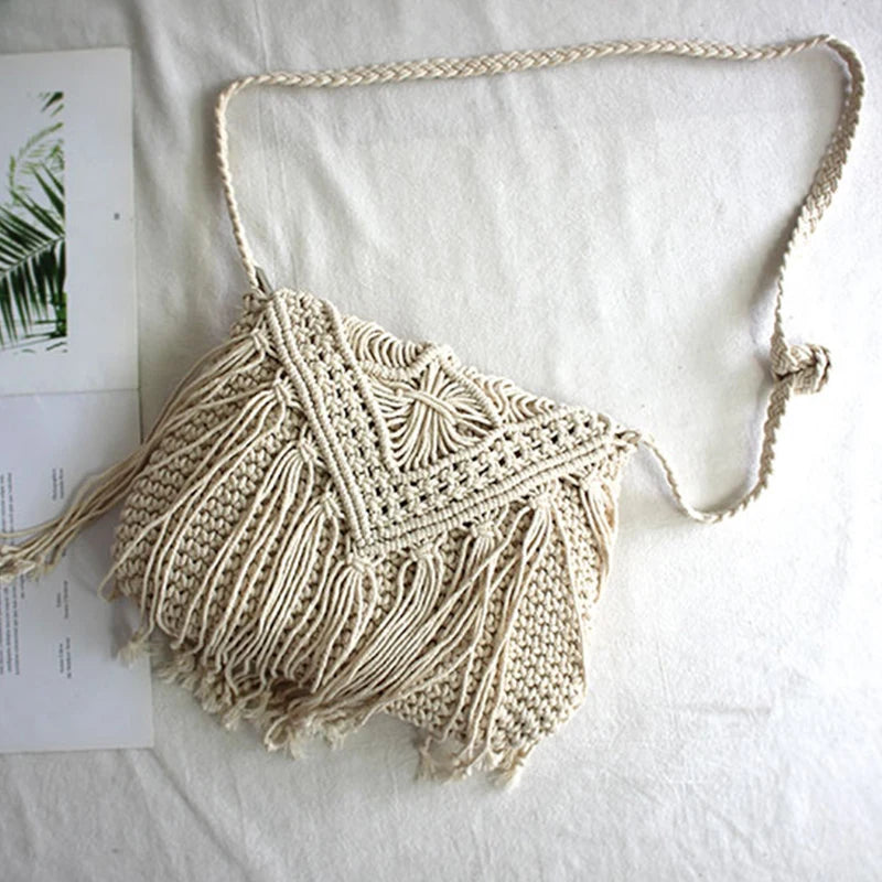 Handmade Cotton Woven Knitted Tassel Crossbody Bag Vintage Shoulder Messenger Bag Female Fashion Beach Summer Handbags 2023 bag
