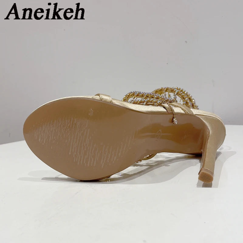 Aneikeh Women Summer Silk Round Toe Open Toe Sandals Fashion Sexy Rhinestone String Bead Ankle Strap High Heels Party Wedding