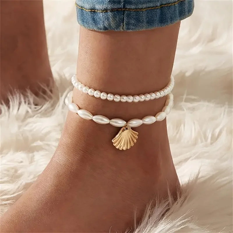 Bohemian Pearl & Shell Anklet Set - 3 Handmade Beach Bracelets for Women with Butterfly Charm