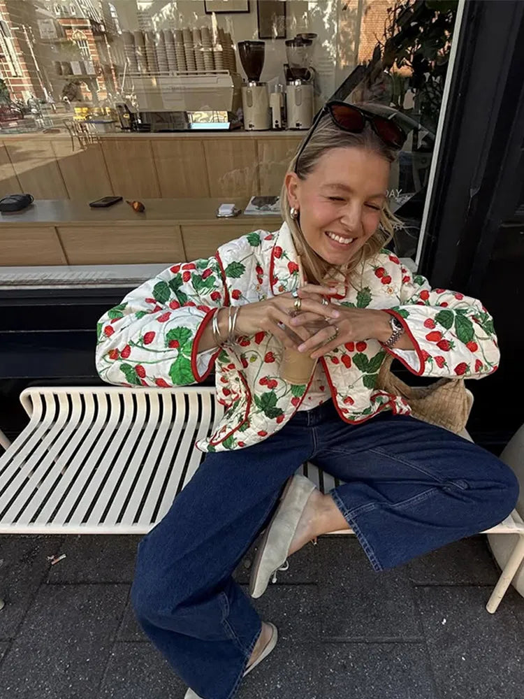 Women's Fashion Print Panelled Quilted Cotton Jacket Long Sleeve Pocket Cardigan Coat 2025 Autumn Winter Daily Casual Outerwear