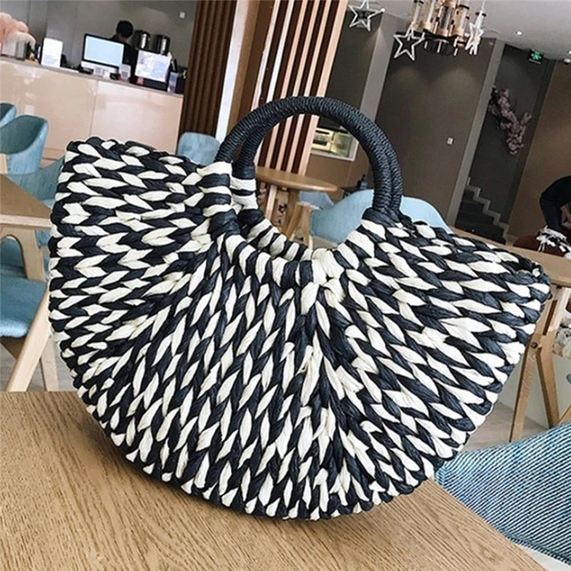 Simple All-Match Handbag Ladies 2024 New Handbags Women Round Bucket Straw Bag Korean Handmade Woven Basket Rattan Handbag