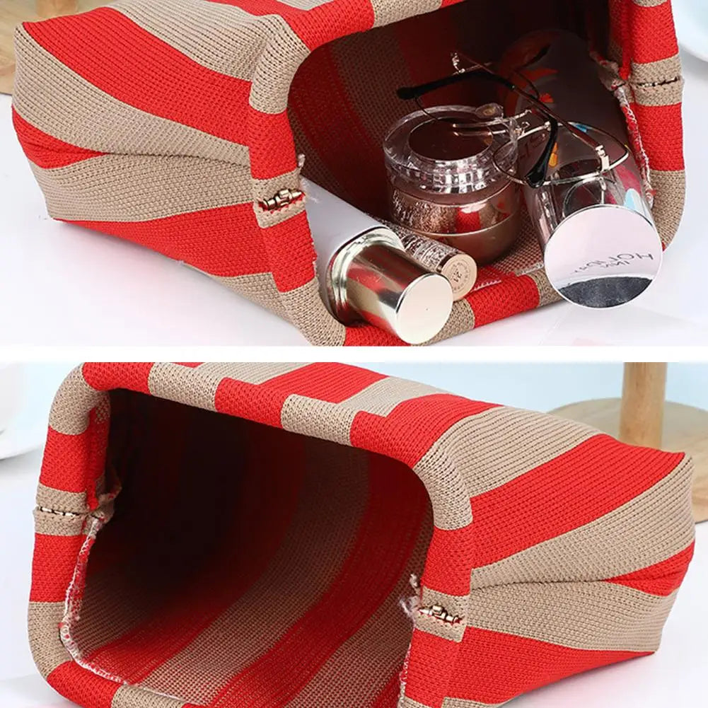 Women Handbag Colorblock Knitted Women Bag Large Mouth Cosmetic Cellphone Keys Stoarge Pouch Summer Beach Clutch Lady Purse