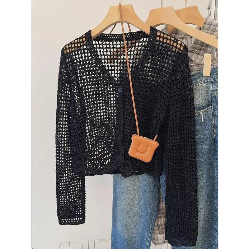 2024 Sun Protection Hollow Out Knitted Ins Cardigan Women's Summer Mesh Solid Thin Outer Wear Simple Short Chic Top