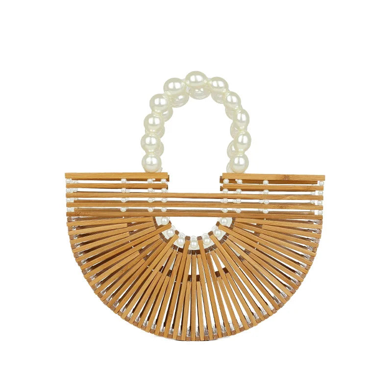 Fashion Handmade Bamboo Handbag Pearl Handle Design Elegant Women Hollow Out Beach Bag Vacation Woven Straw Bag Female Bags