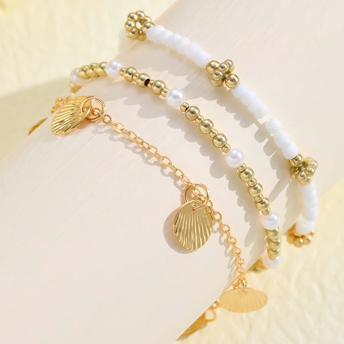 Bohemian Pearl & Shell Anklet Set - 3 Handmade Beach Bracelets for Women with Butterfly Charm