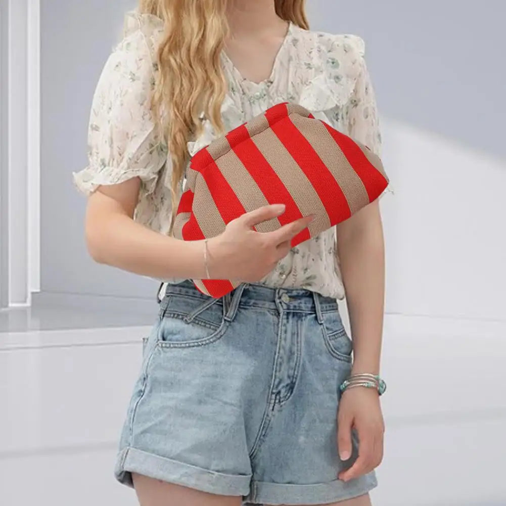 Women Handbag Colorblock Knitted Women Bag Large Mouth Cosmetic Cellphone Keys Stoarge Pouch Summer Beach Clutch Lady Purse