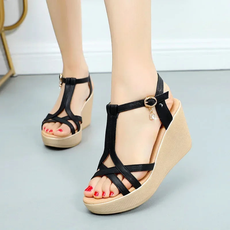 Small Size 32-43 Comfortable Chunky Platform Wedges Sandals Summer 2025 Women's High Heels Shoes for Office Beach Mom Work