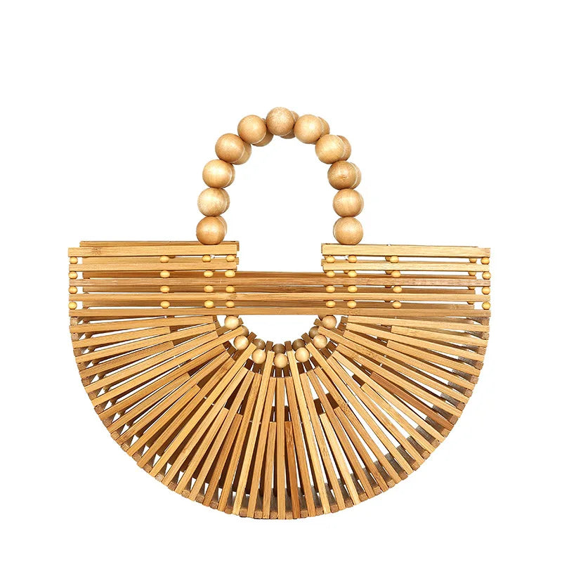 Fashion Handmade Bamboo Handbag Pearl Handle Design Elegant Women Hollow Out Beach Bag Vacation Woven Straw Bag Female Bags