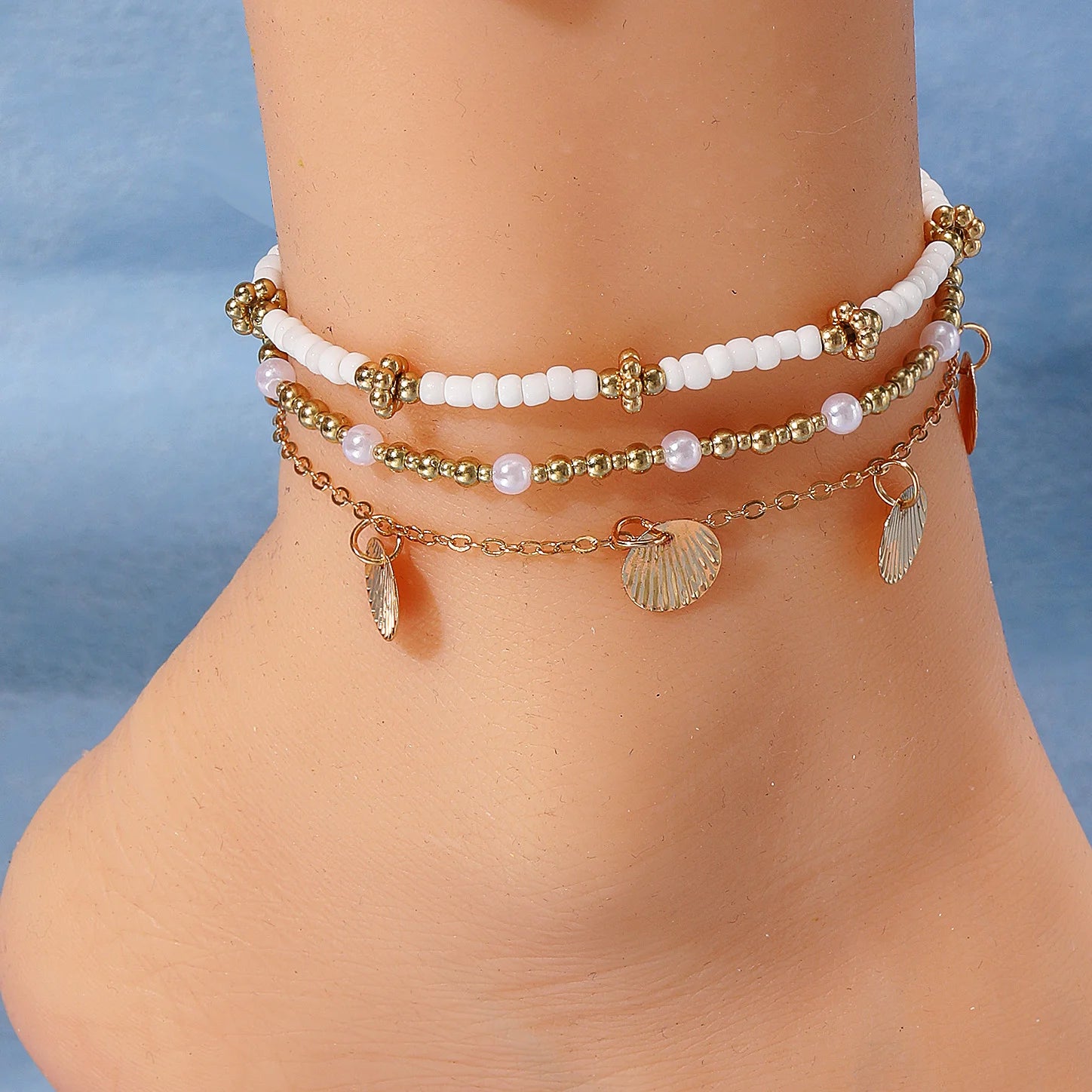Bohemian Pearl & Shell Anklet Set - 3 Handmade Beach Bracelets for Women with Butterfly Charm