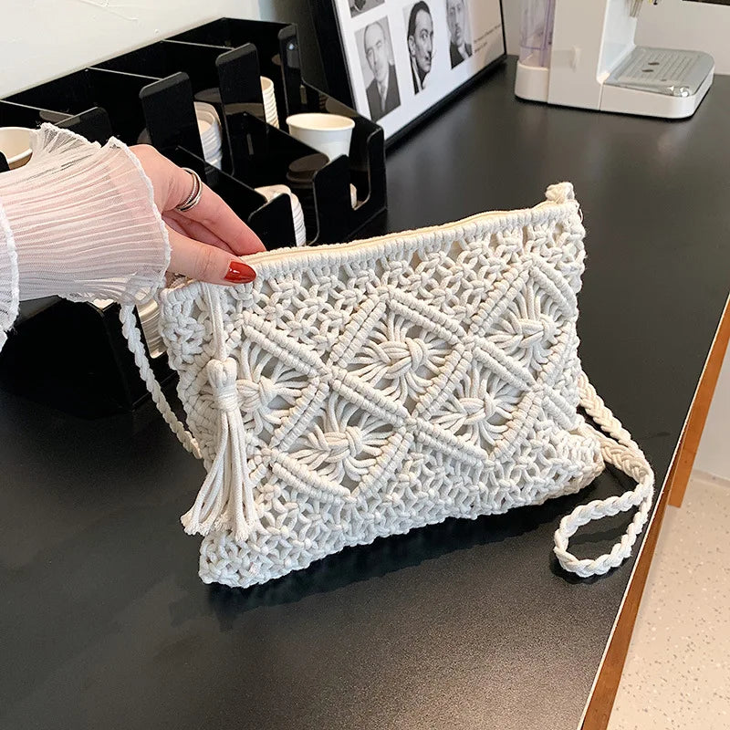 Handmade Cotton Woven Knitted Tassel Crossbody Bag Vintage Shoulder Messenger Bag Female Fashion Beach Summer Handbags 2023 bag