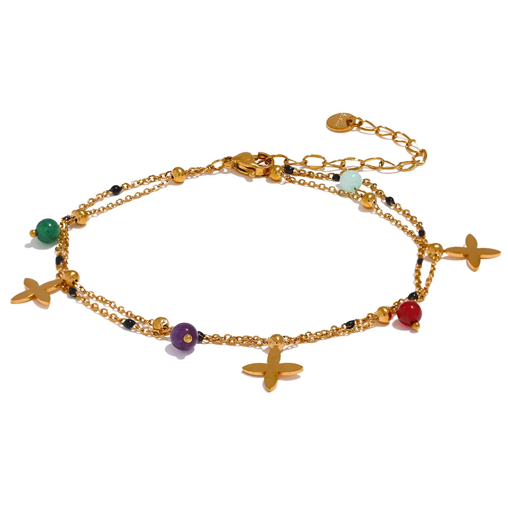 Yhpup Flower Chain Anklet - Colorful Natural Stone Beads, Stainless Steel, Perfect for Beach Days & Summer Vibes