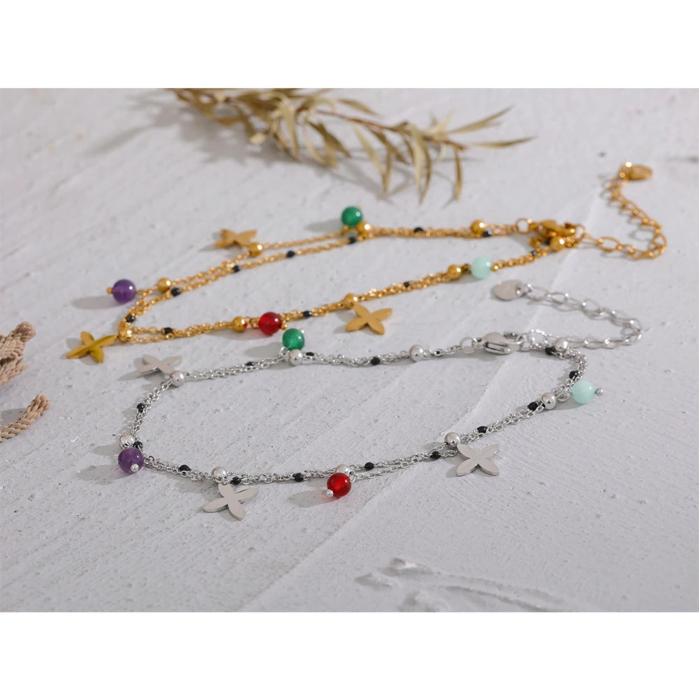 Yhpup Flower Chain Anklet - Colorful Natural Stone Beads, Stainless Steel, Perfect for Beach Days & Summer Vibes
