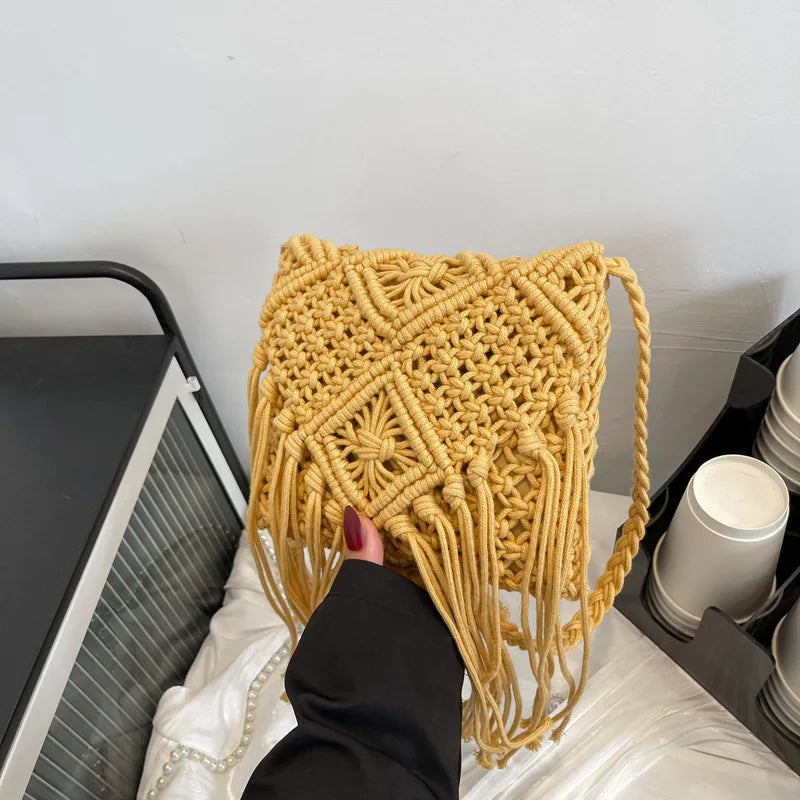 Handmade Cotton Woven Knitted Tassel Crossbody Bag Vintage Shoulder Messenger Bag Female Fashion Beach Summer Handbags 2023 bag