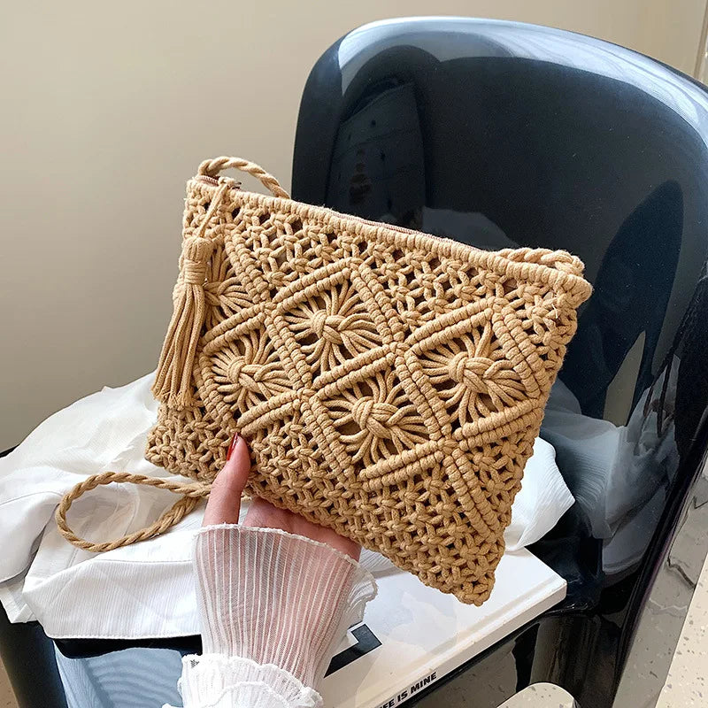 Handmade Cotton Woven Knitted Tassel Crossbody Bag Vintage Shoulder Messenger Bag Female Fashion Beach Summer Handbags 2023 bag