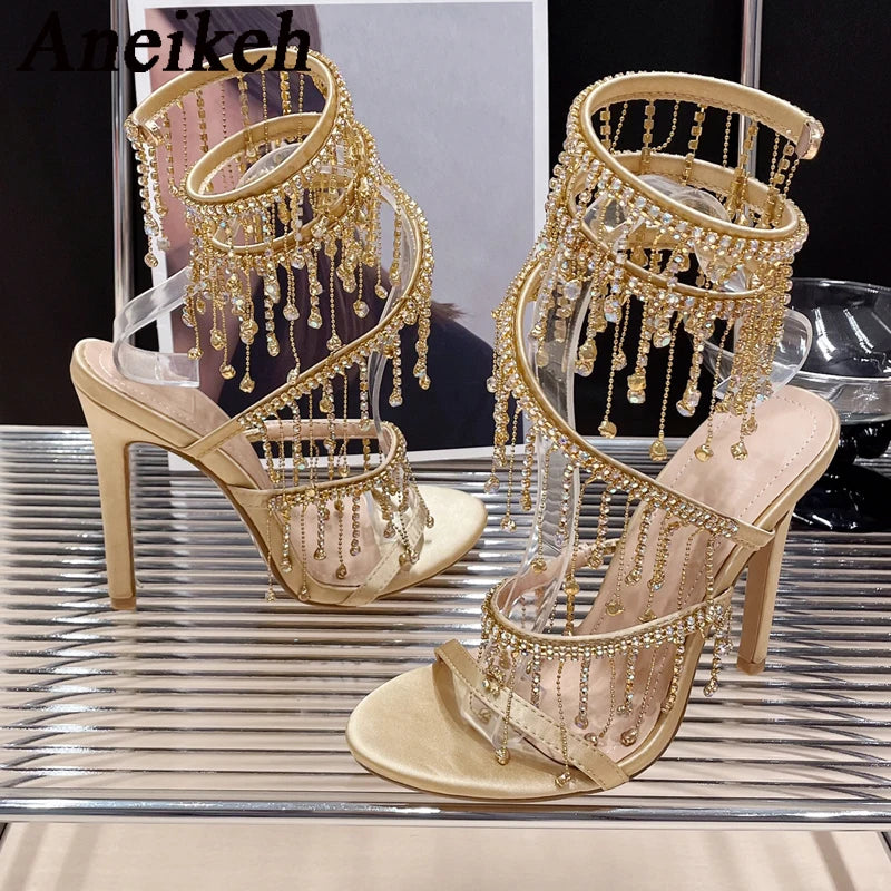 Aneikeh Women Summer Silk Round Toe Open Toe Sandals Fashion Sexy Rhinestone String Bead Ankle Strap High Heels Party Wedding