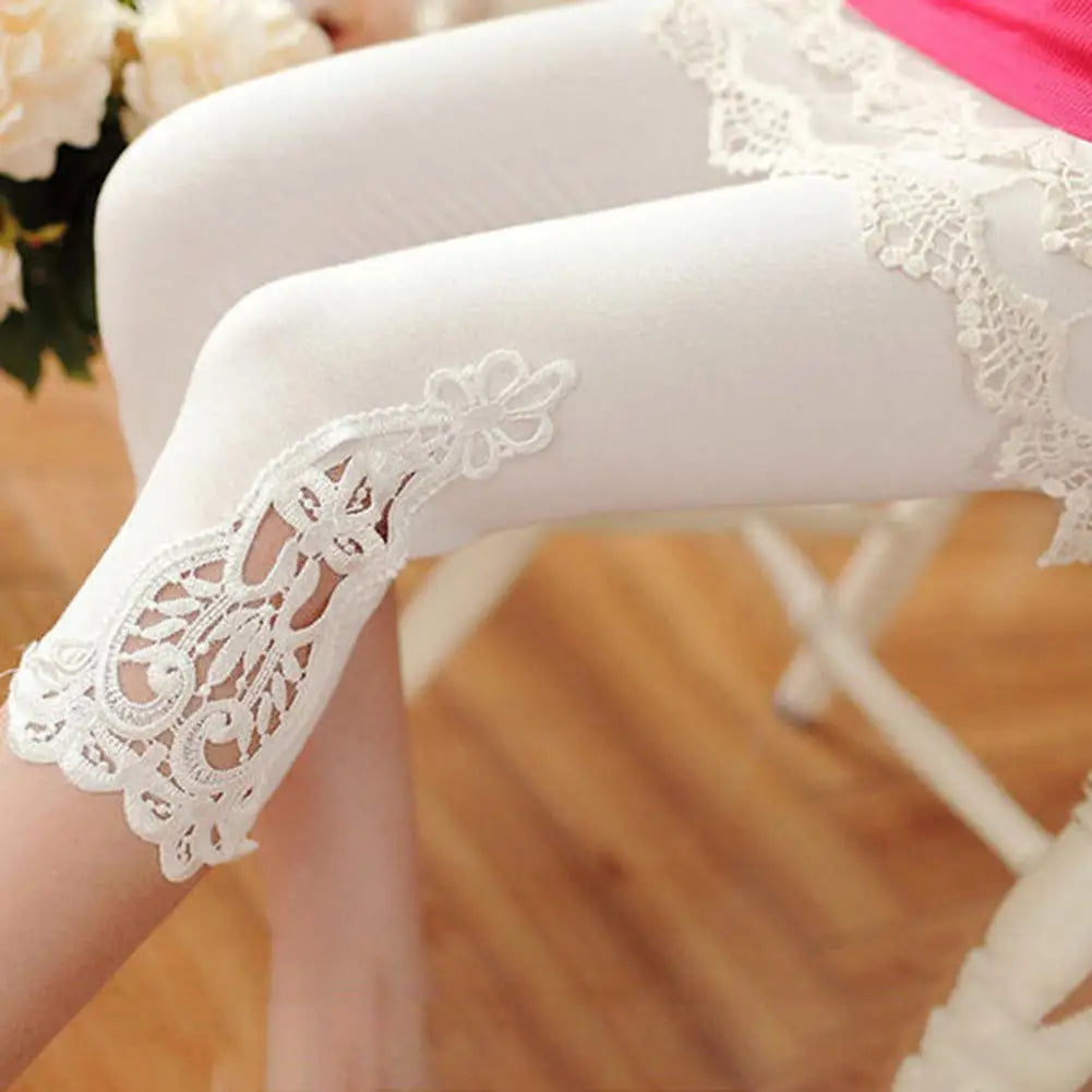 Cropped Leggings Women Elastic Waist Embroidery Lace Stitching Summer Stretchy Cropped Trousers Thin Tight-Fitting Pants 스키니