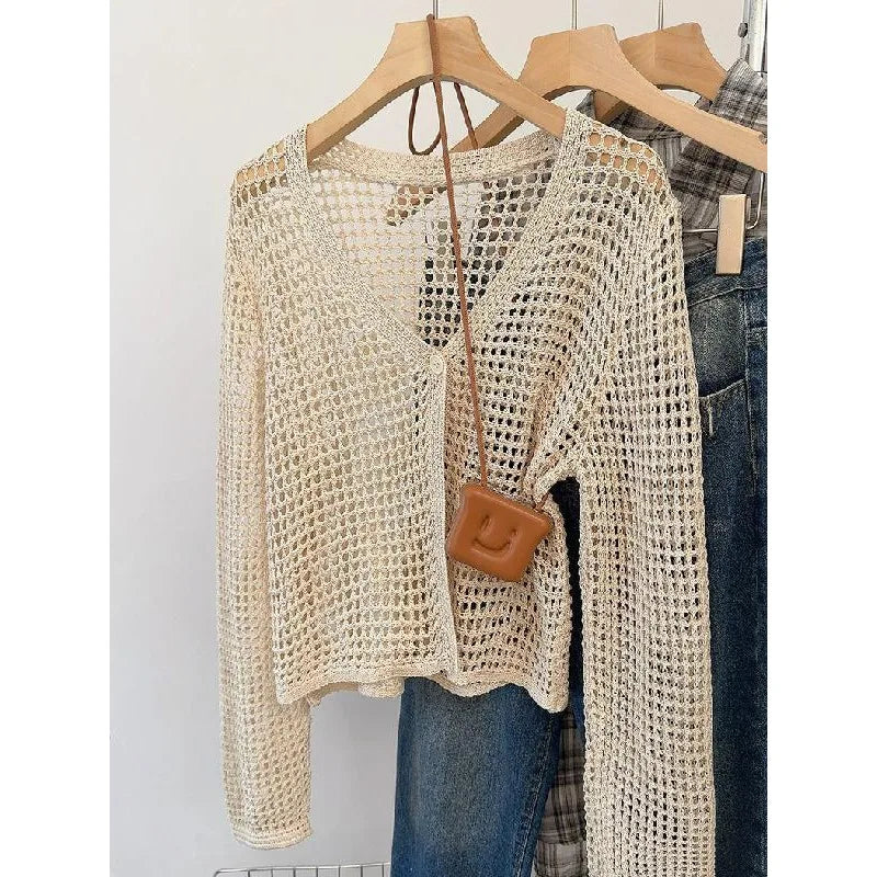 2024 Sun Protection Hollow Out Knitted Ins Cardigan Women's Summer Mesh Solid Thin Outer Wear Simple Short Chic Top