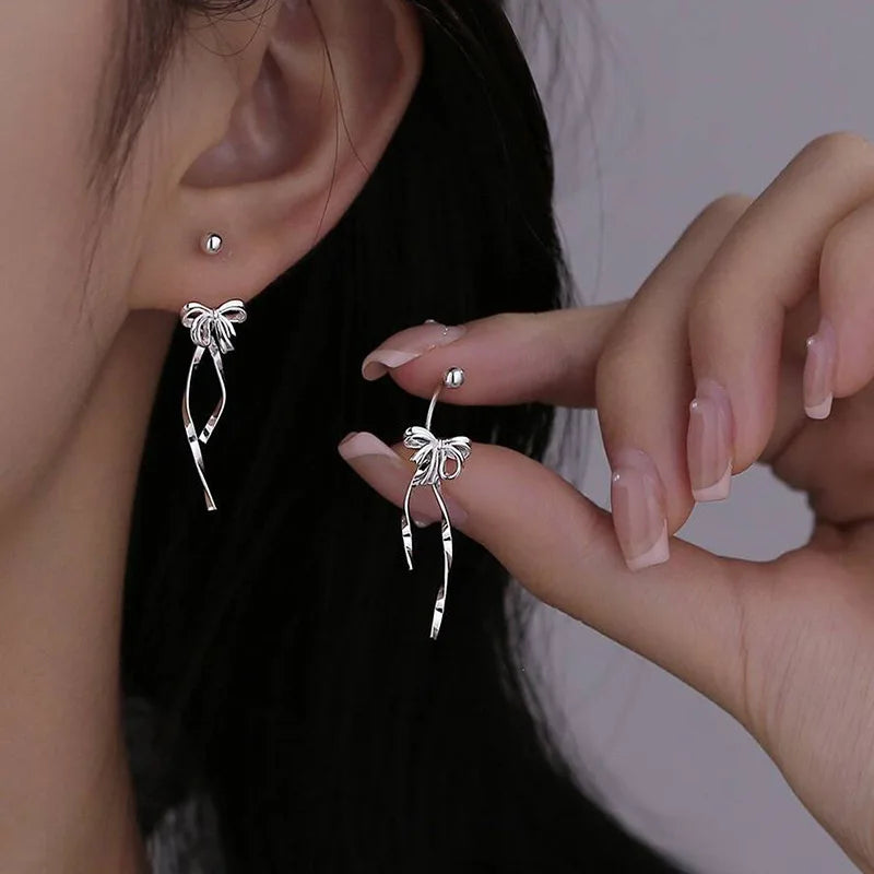 925 Sterling Silver Vintage Lotus Earrings for Women Cute Sweet Screw Design Silver Color Bowknot Earrings Vintage Jewelry Gifts