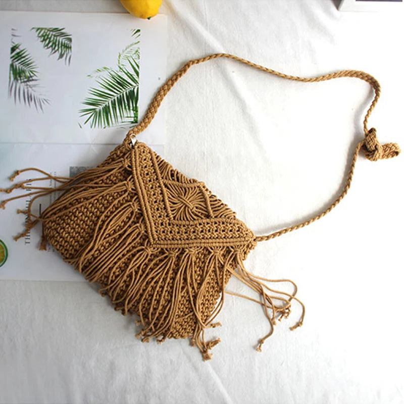 Handmade Cotton Woven Knitted Tassel Crossbody Bag Vintage Shoulder Messenger Bag Female Fashion Beach Summer Handbags 2023 bag