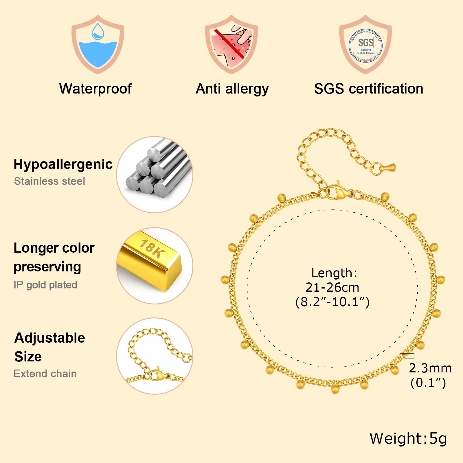 Stainless Steel Beach Anklet - Waterproof Adjustable Boho Foot Jewelry for Women