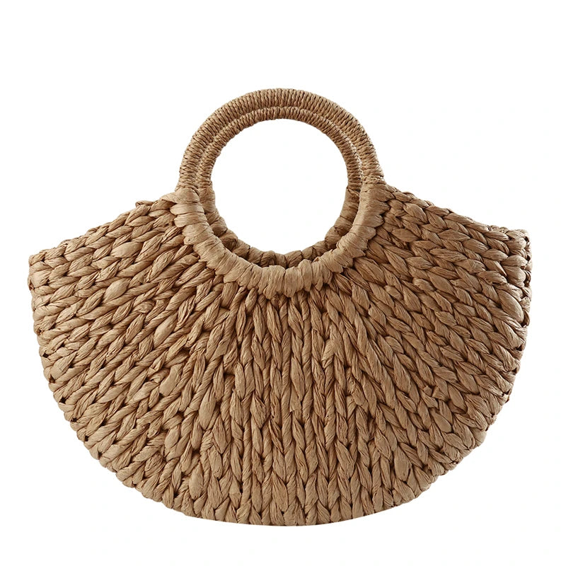 Simple All-Match Handbag Ladies 2024 New Handbags Women Round Bucket Straw Bag Korean Handmade Woven Basket Rattan Handbag