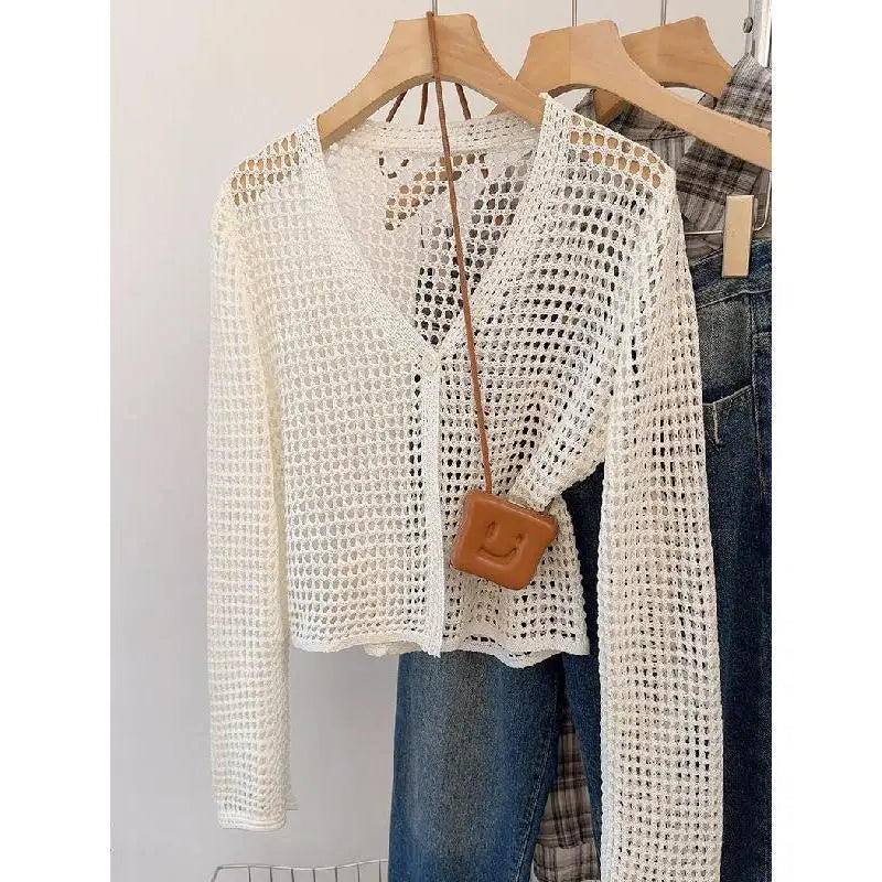 2024 Sun Protection Hollow Out Knitted Ins Cardigan Women's Summer Mesh Solid Thin Outer Wear Simple Short Chic Top