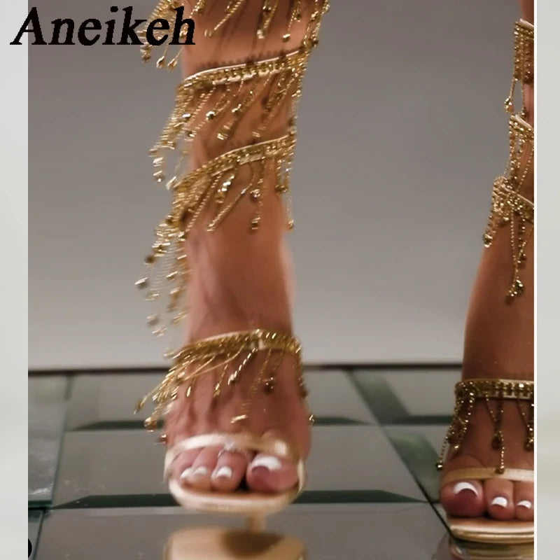 Aneikeh Women Summer Silk Round Toe Open Toe Sandals Fashion Sexy Rhinestone String Bead Ankle Strap High Heels Party Wedding