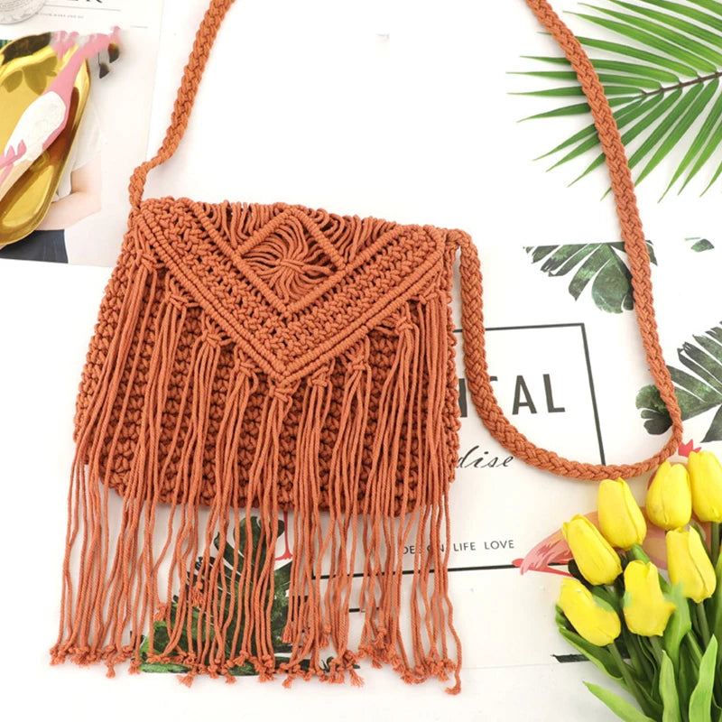 Handmade Cotton Woven Knitted Tassel Crossbody Bag Vintage Shoulder Messenger Bag Female Fashion Beach Summer Handbags 2023 bag