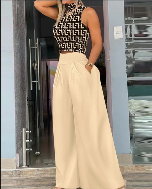 2025 Summer Fashion Printing Two Piece Set Women Casual Solid Sleeveless Tank Top Wide Leg Pants Two Piece Set Women