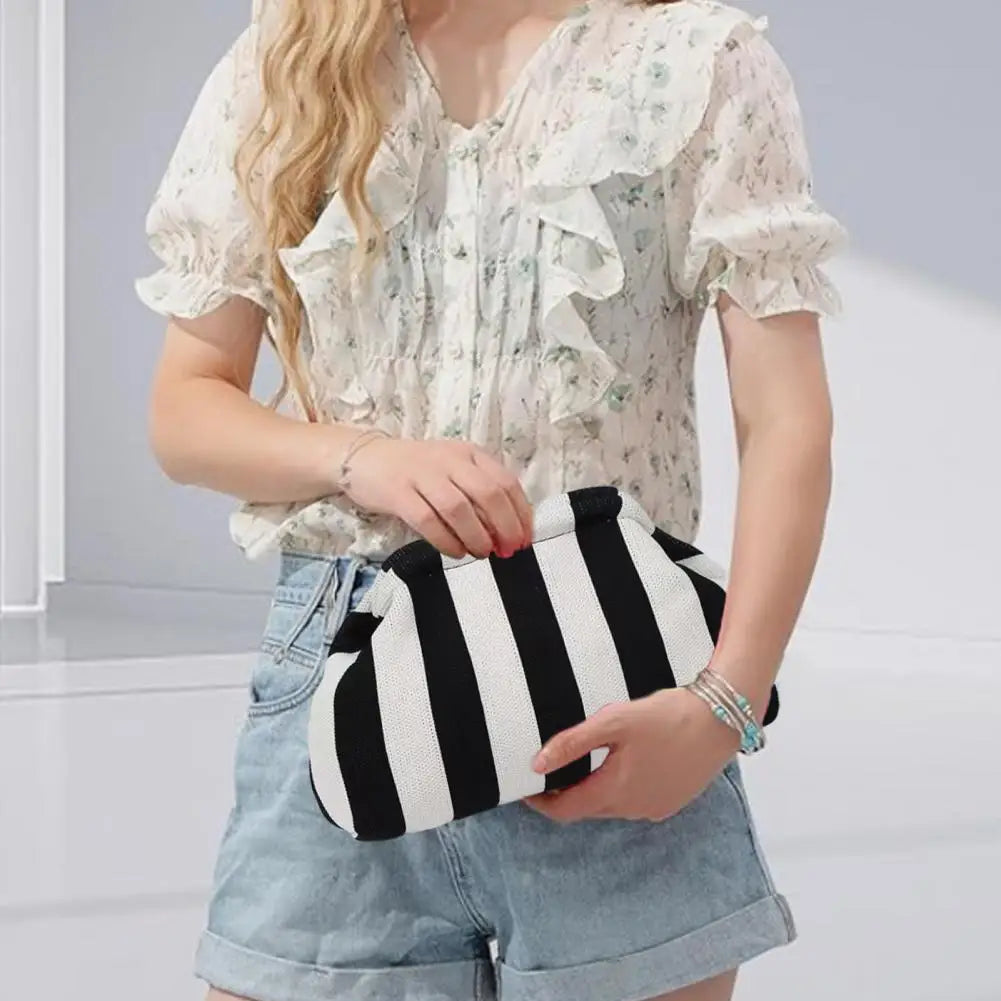 Women Handbag Colorblock Knitted Women Bag Large Mouth Cosmetic Cellphone Keys Stoarge Pouch Summer Beach Clutch Lady Purse