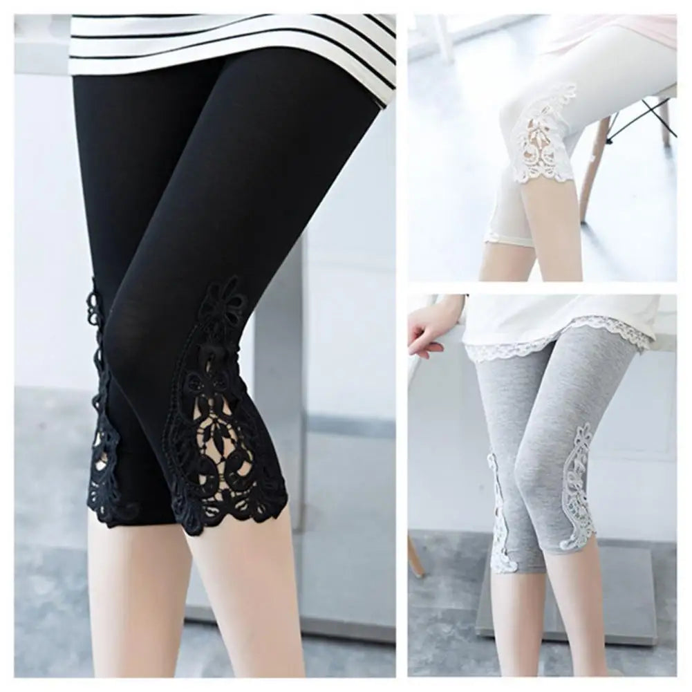 Cropped Leggings Women Elastic Waist Embroidery Lace Stitching Summer Stretchy Cropped Trousers Thin Tight-Fitting Pants 스키니
