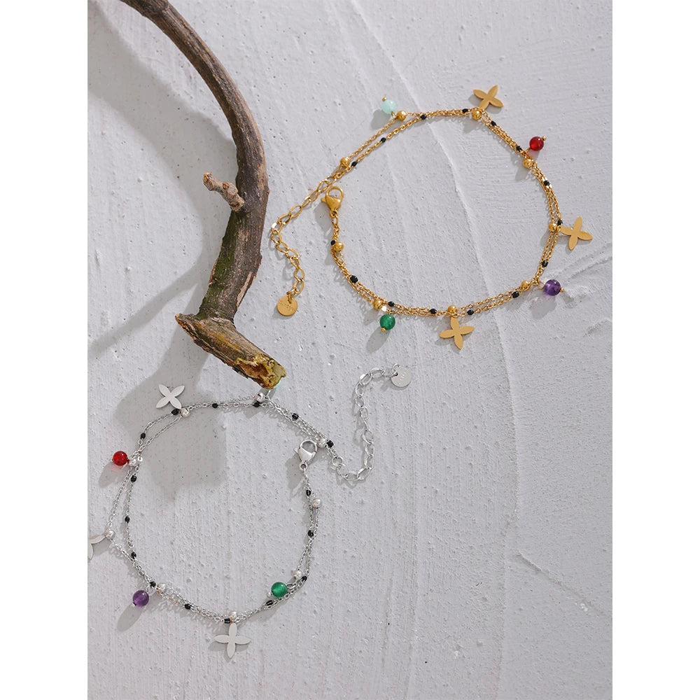 Yhpup Flower Chain Anklet - Colorful Natural Stone Beads, Stainless Steel, Perfect for Beach Days & Summer Vibes