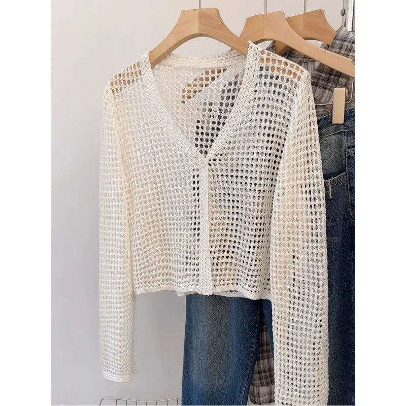 2024 Sun Protection Hollow Out Knitted Ins Cardigan Women's Summer Mesh Solid Thin Outer Wear Simple Short Chic Top